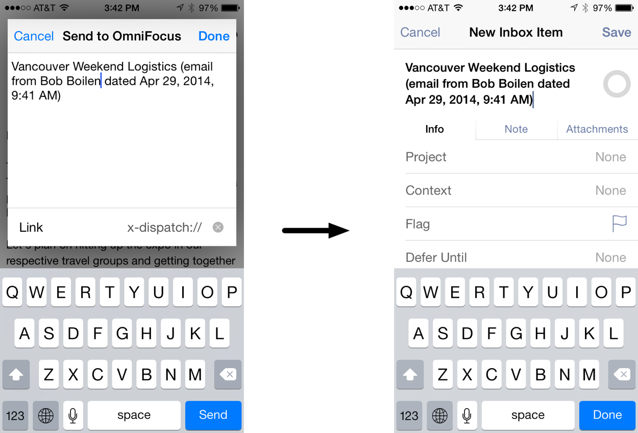 Screenshot showing text in Dispatch and the same text in OmniFocus as a new Inbox item