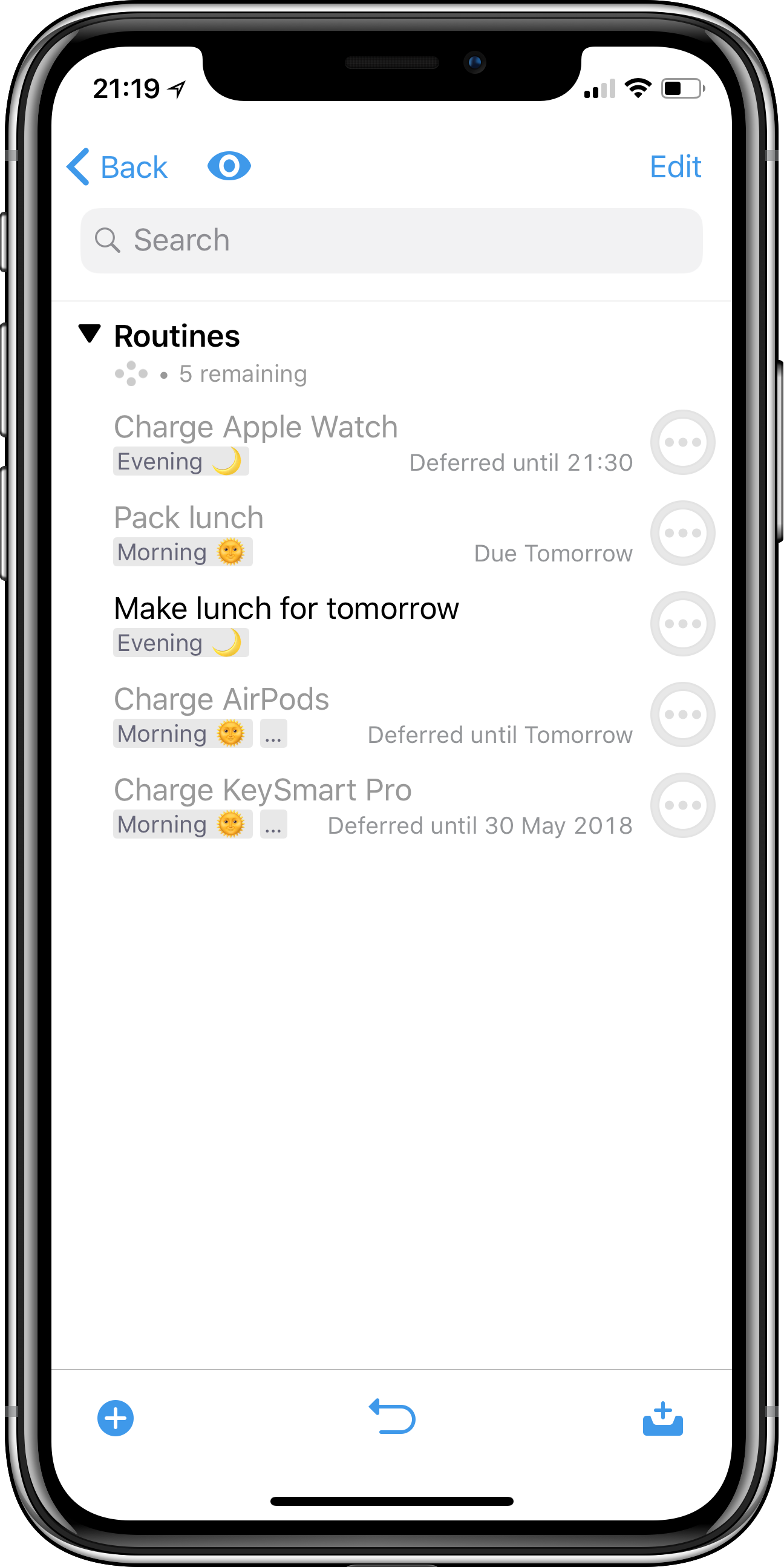 OmniFocus screenshot showing Rose’s Routines project with several tasks such as Charge Apple Watch, Pack Lunch, and so on