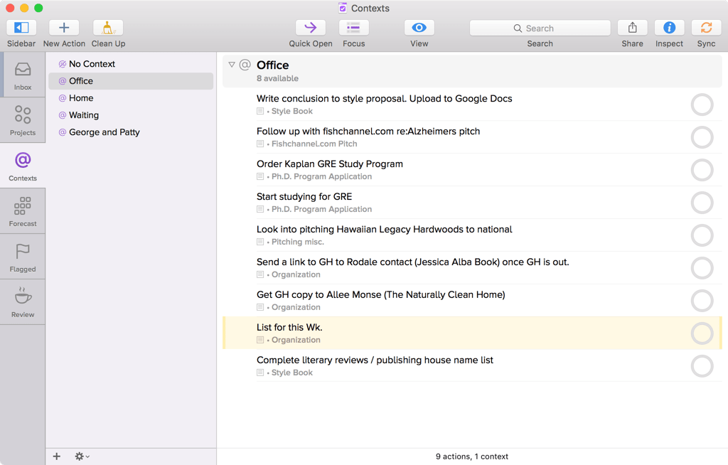 Screenshot of OmniFocus for Mac showing Contexts, with Office selected