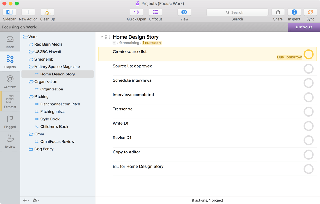 Screenshot of OmniFocus for Mac showing Projects, focused on a Work project, with Home Design Story selected