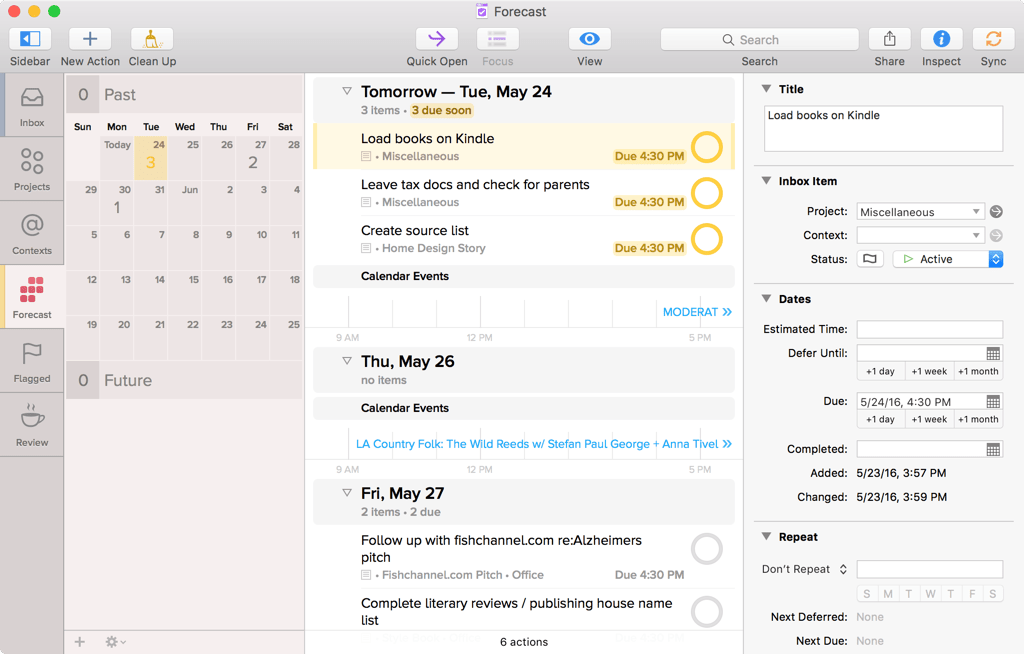 Screenshot of OmniFocus for Mac showing Forecast, showing tomorrow and subsequent days