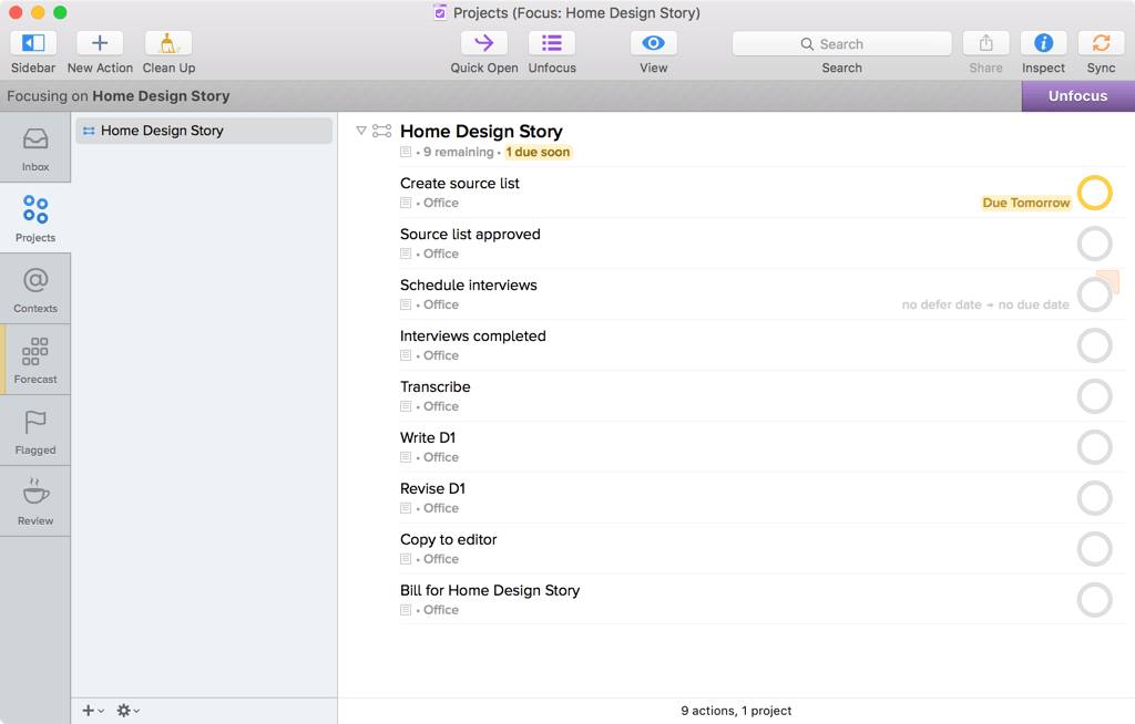 Screenshot of OmniFocus for Mac showing Projects, while focused on the Home Design Story project
