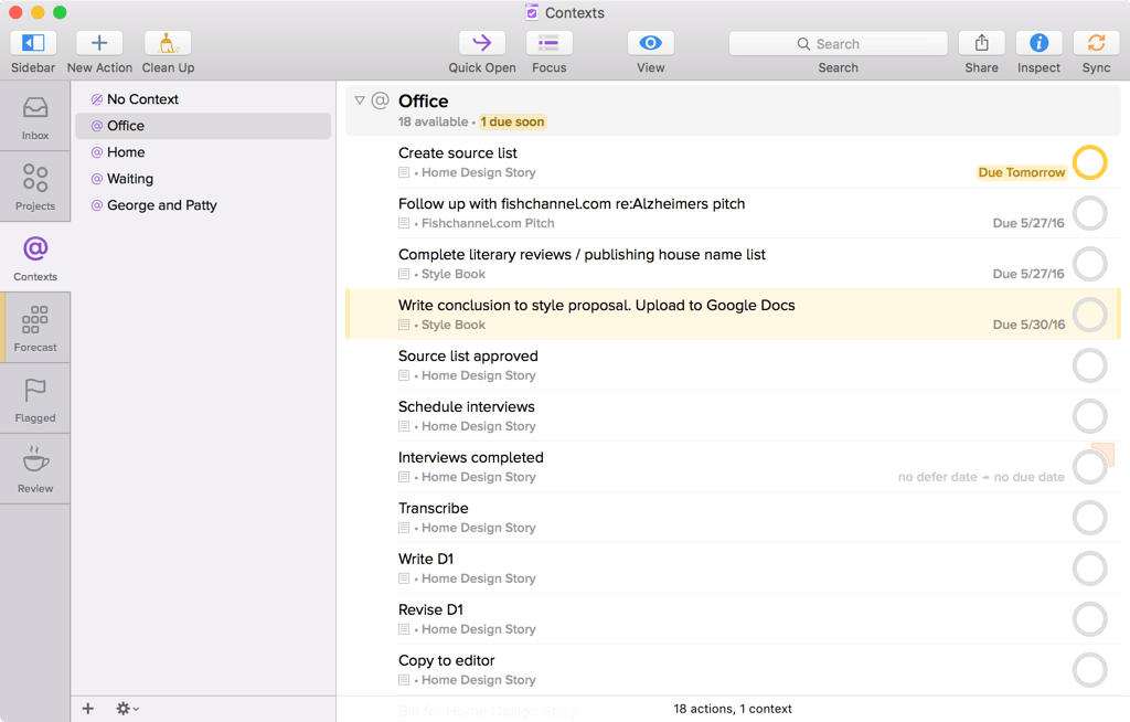 Screenshot of OmniFocus for Mac showing Contexts, with the Office context selected