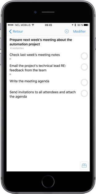 OmniFocus screenshot showing a simple project with five items