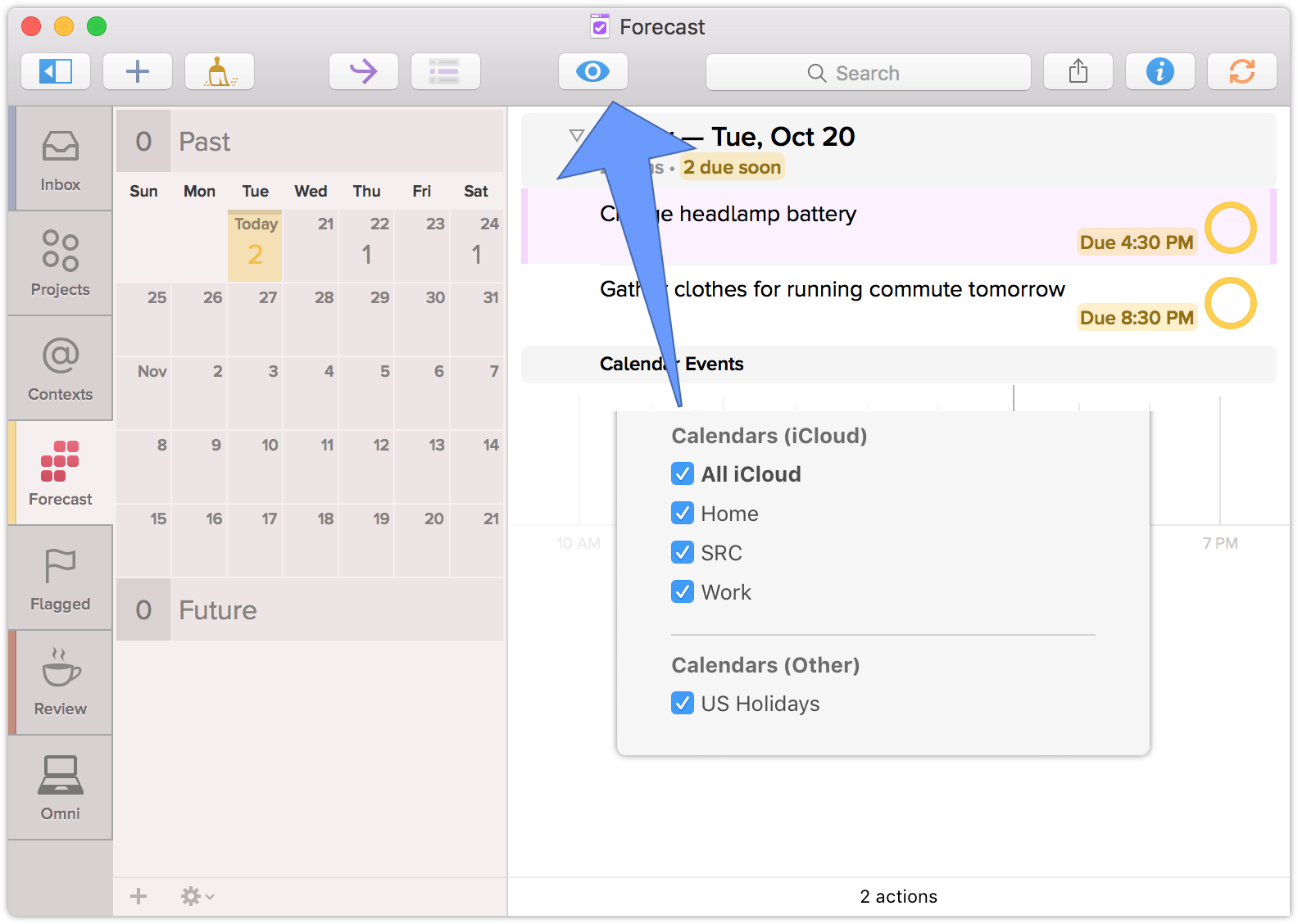 Screenshot of OmniFocus for Mac, showing the Forecast perspective, with an arrow to the View Options toolbar item