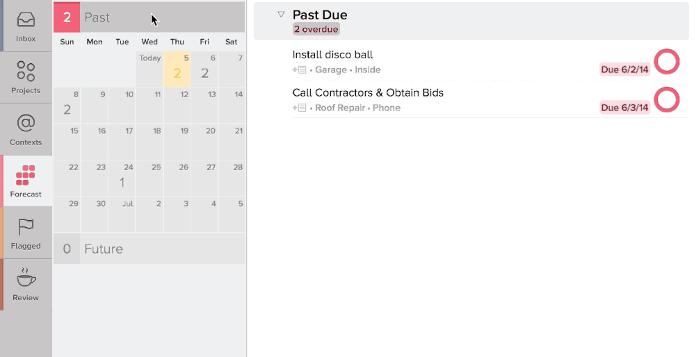 Animated screenshot of OmniFocus for Mac that shows dragging items from Past Due to Today in the Forecast mini-calendar