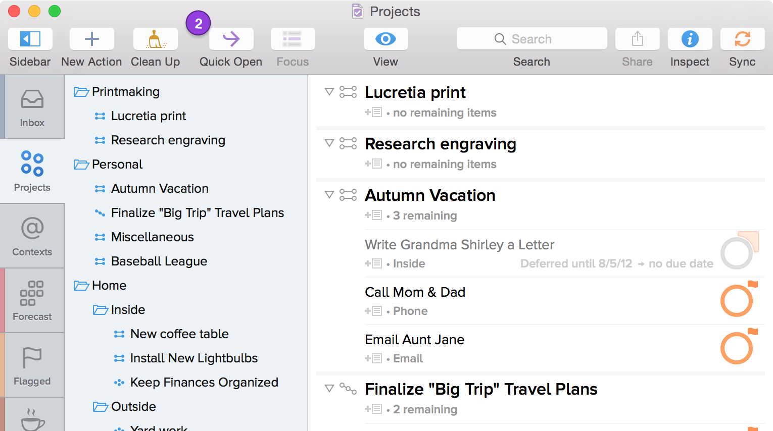 Screenshot of OmniFocus for Mac showing the Projects perspective