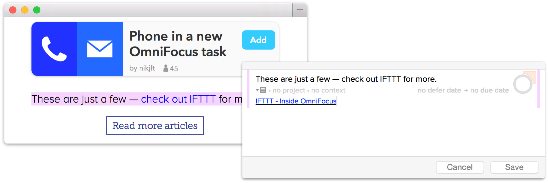 Screenshot of a web browser with selected text and of OmniFocus’s Quick Entry screen showing that same text