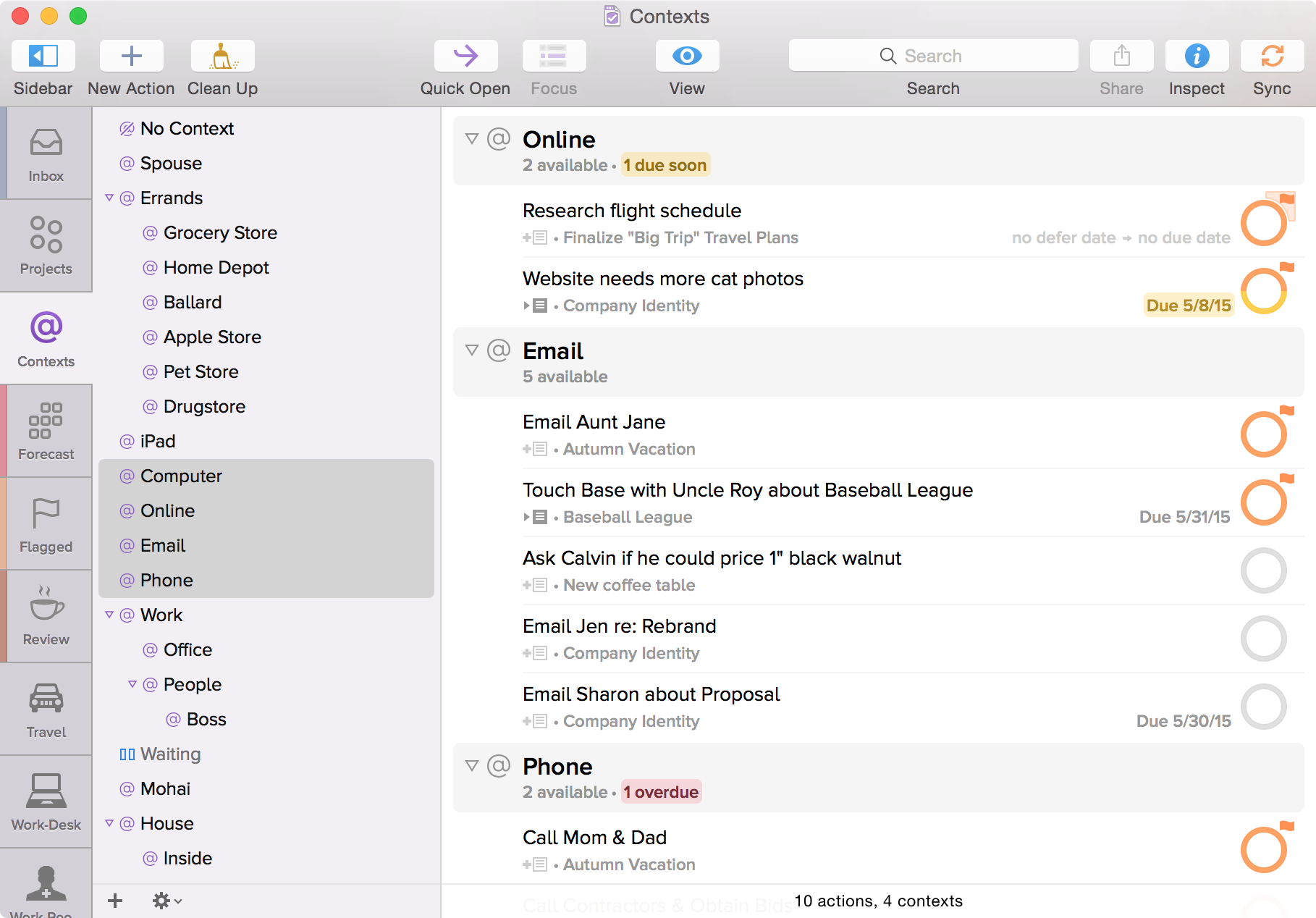 Screenshot of OmniFocus for Mac showing the Contexts perspective with Computer, Online, Email, and Phone selected