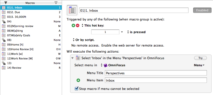 Screenshot of Keyboard Maestro showing an OmniFocus Inbox macro