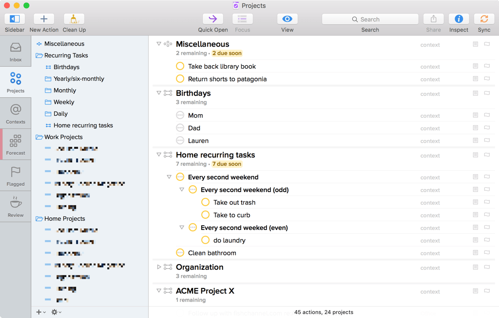 Screenshot of OmniFocus showing a Projects hierarchy