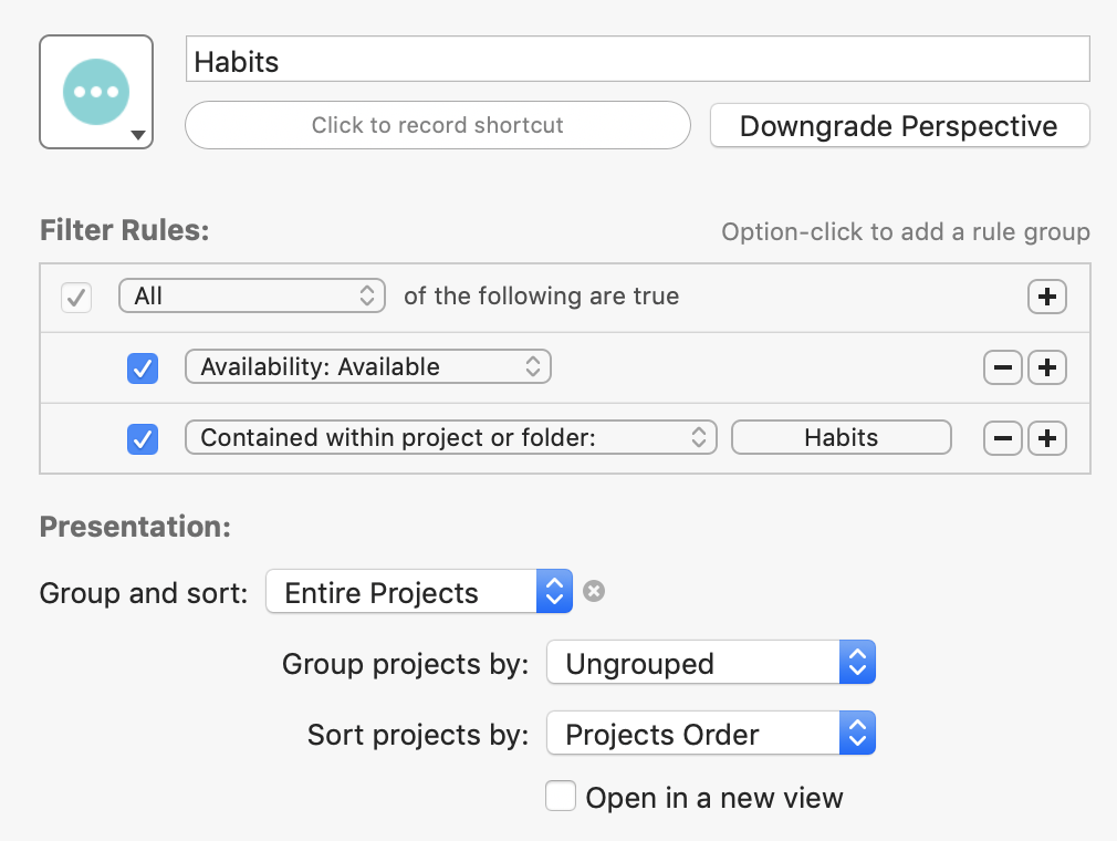 Screenshot showing the setup of a Habits perspective in OmniFocus.