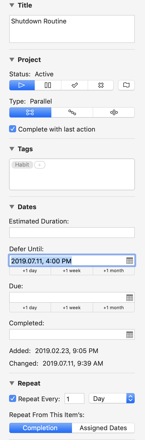 Screenshot showing the Shutdown Routine project setup in OmniFocus’s Inspector