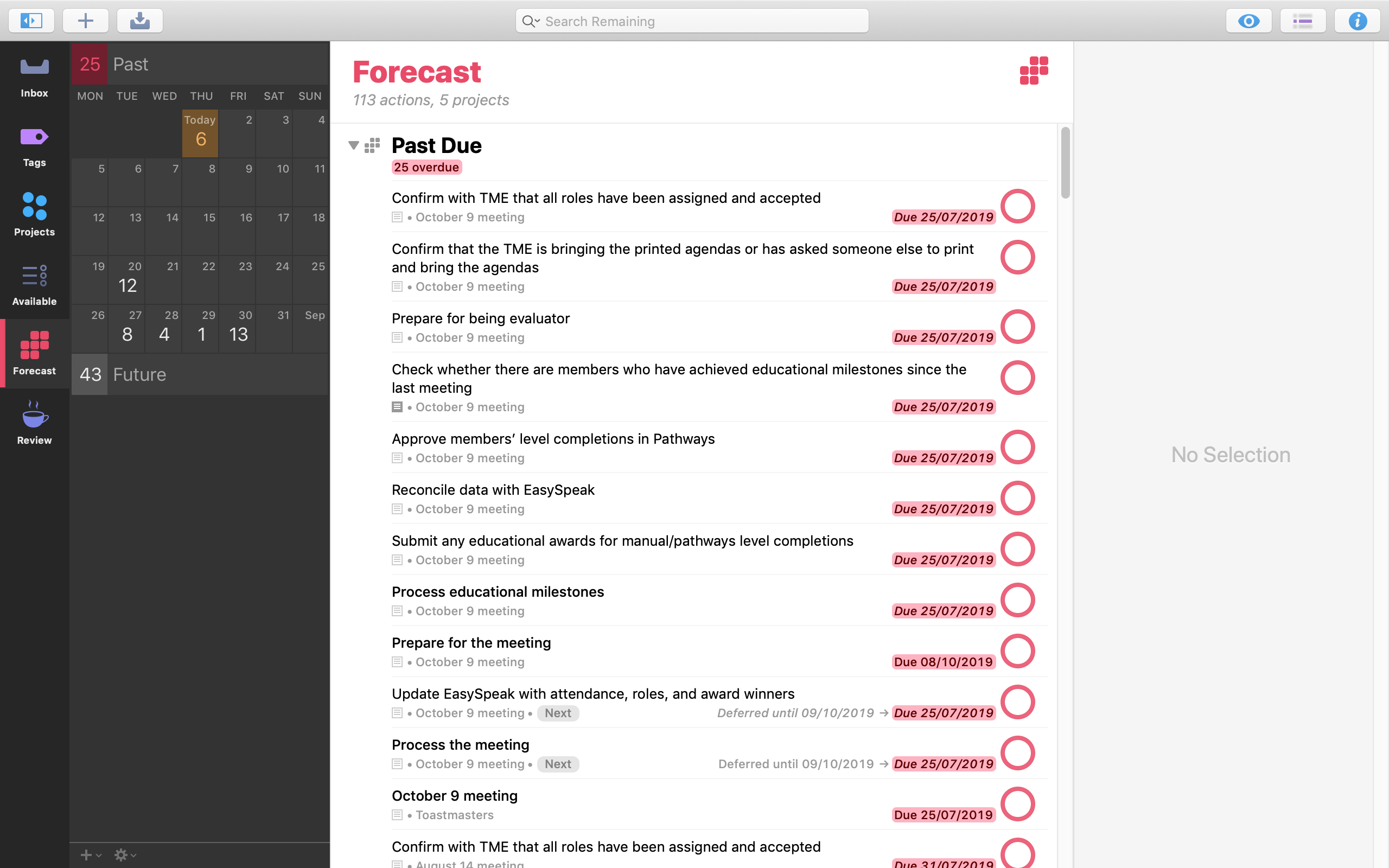 Screenshot of OmniFocus showing a great number of past-due actions.