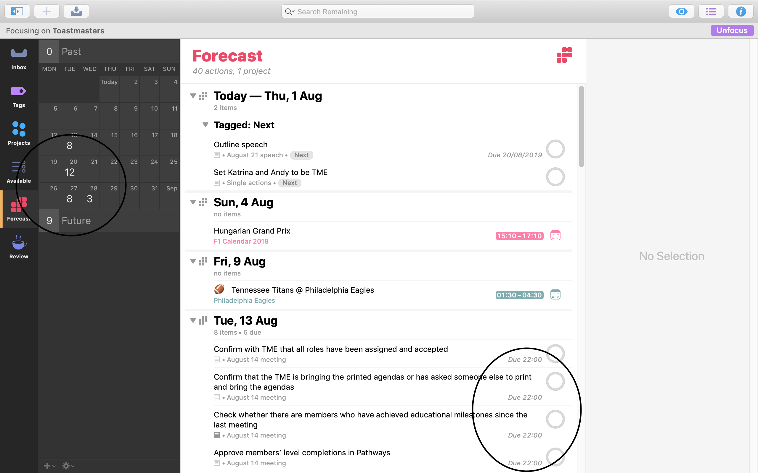 Screenshot of the Forecast perspective showing tasks coming due.
