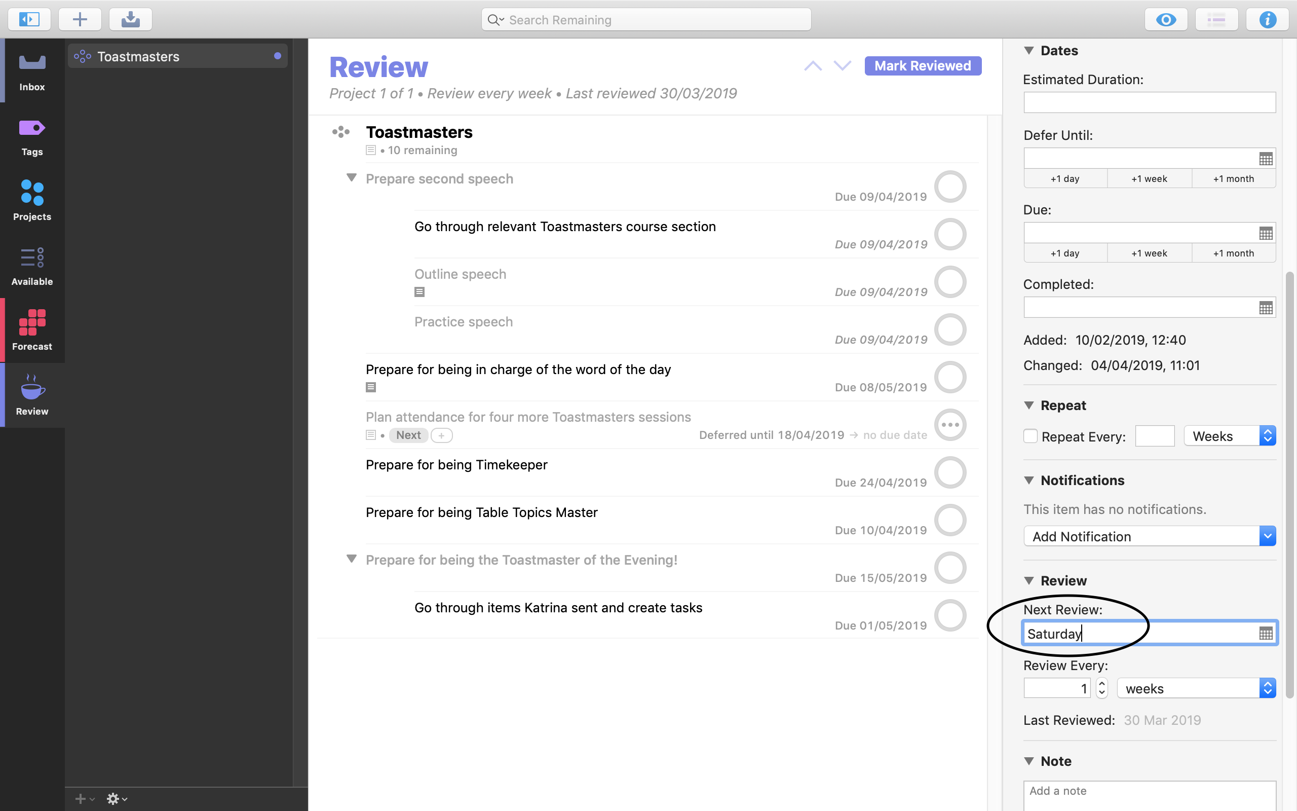 Screenshot showing setting the next review date in OmniFocus.
