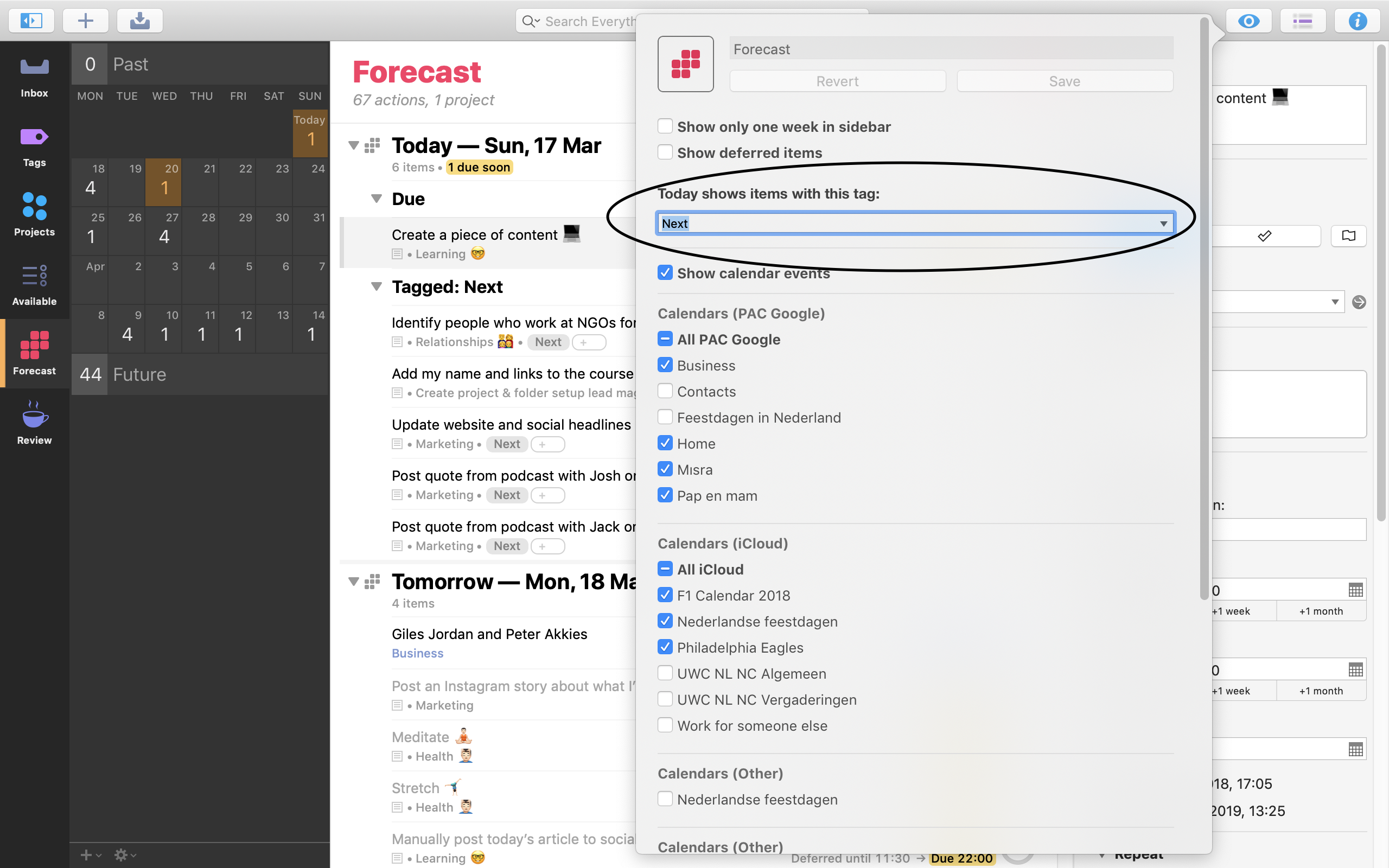 Screenshot showing how to set the Forecast Tag in OmniFocus.