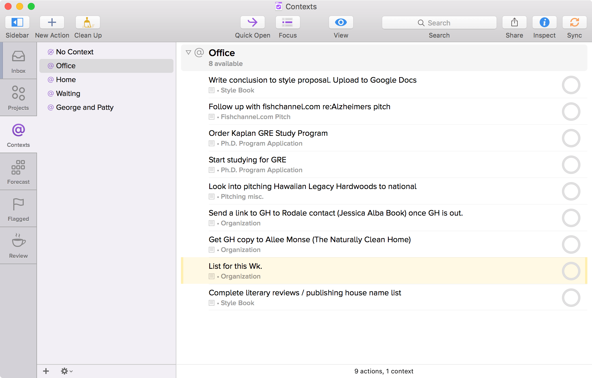  Skjermbilde av Omnifocus for Mac som viser Sammenhenger, Med Office valgt