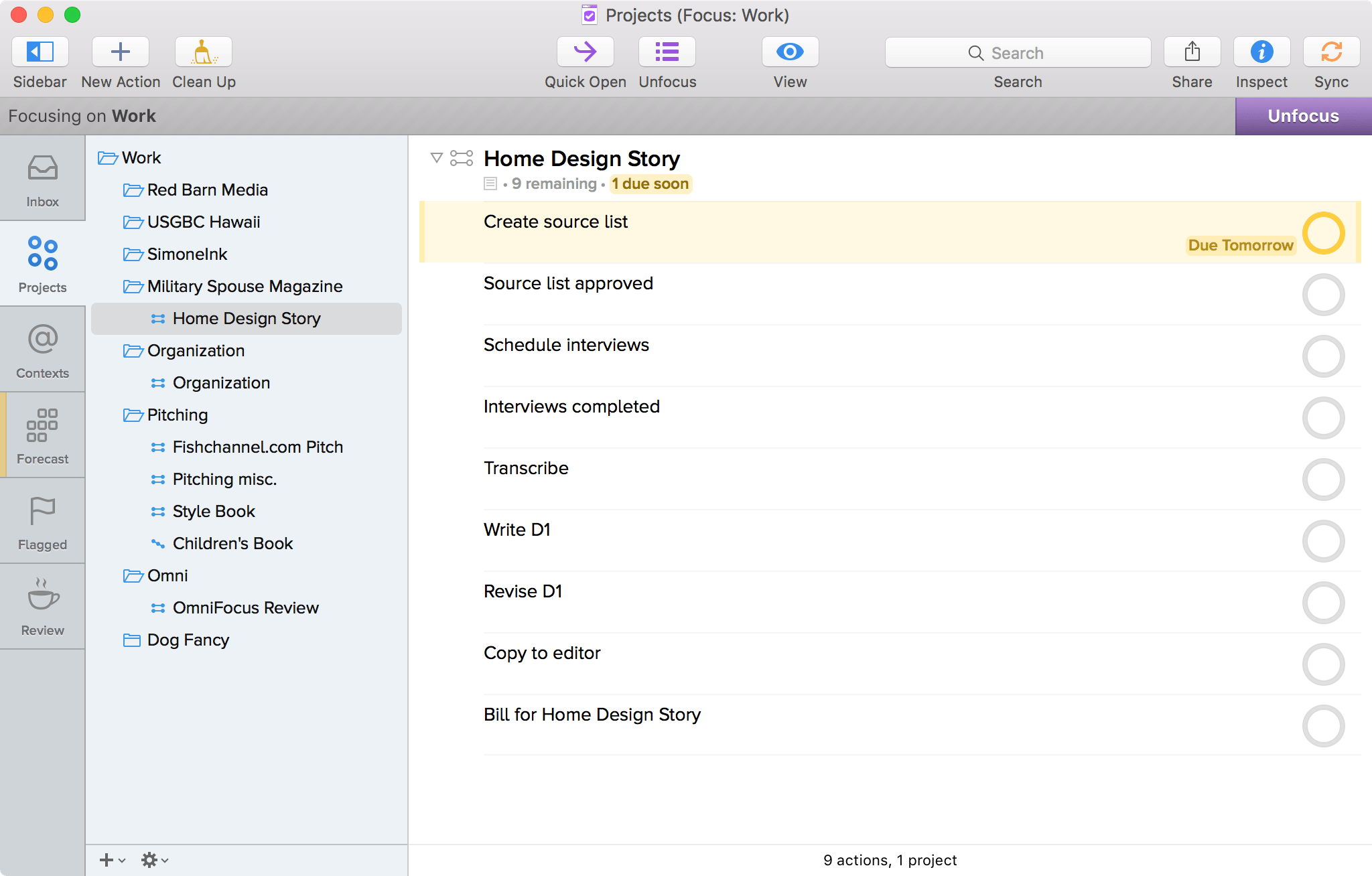  Skjermbilde av Omnifocus for Mac viser Prosjekter, fokusert på Et arbeidsprosjekt, med Home Design Story valgt