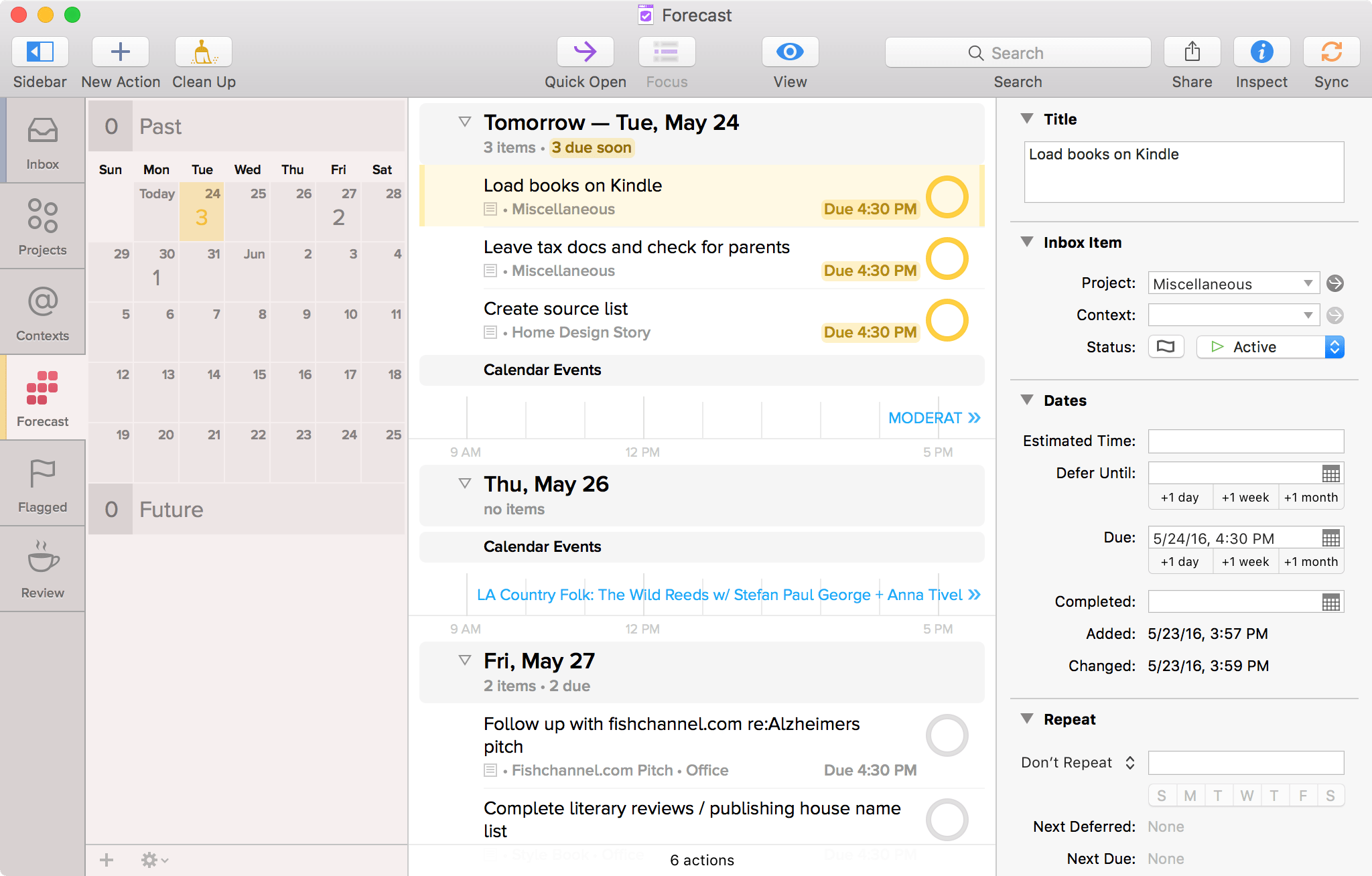 skærmbillede af OmniFocus til Mac viser prognose, viser i morgen og efterfølgende dage 