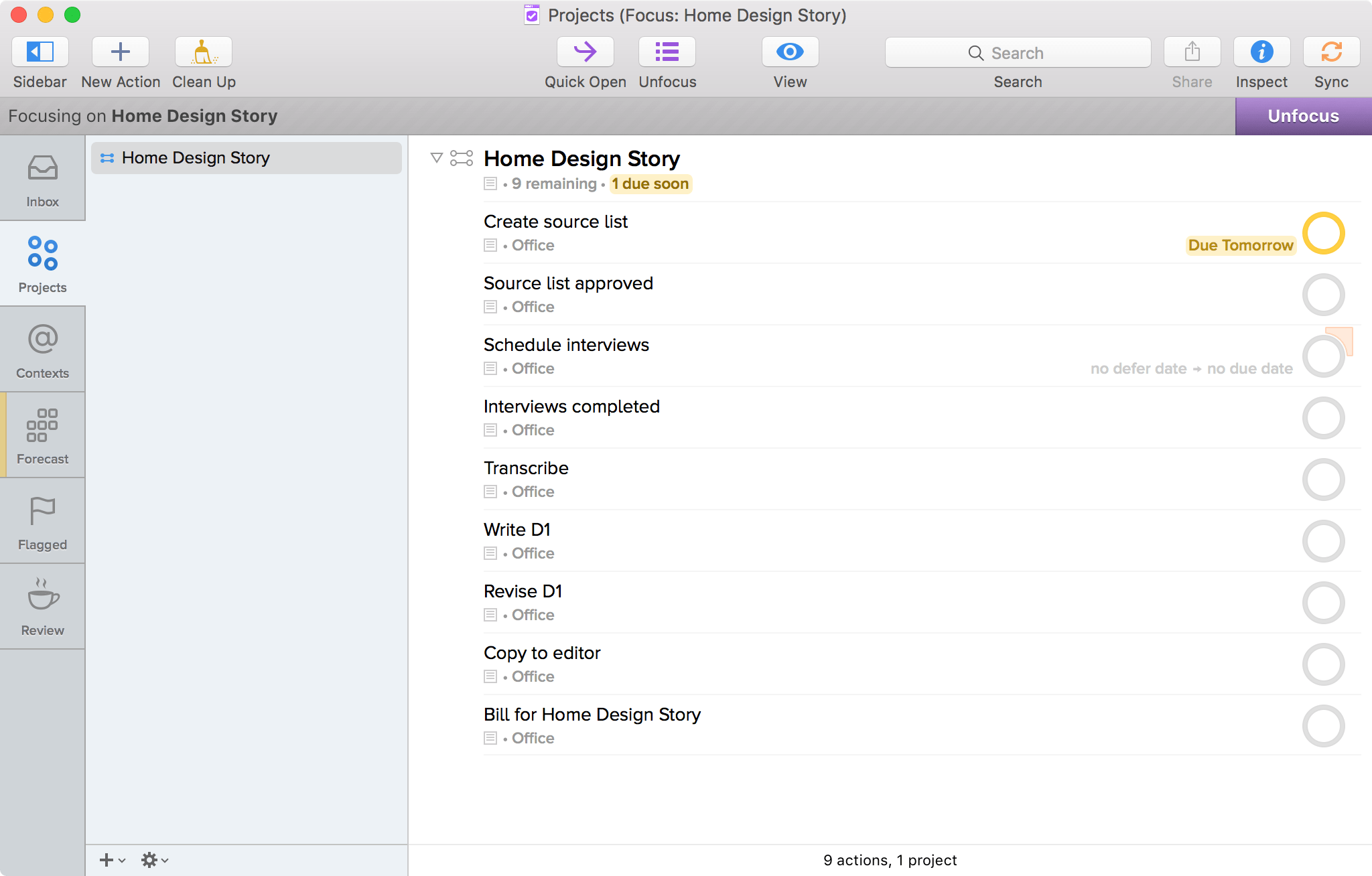 Screenshot de OmniFocus Pentru Mac arată proiecte, în timp ce sa concentrat pe proiectul poveste de Design acasă 