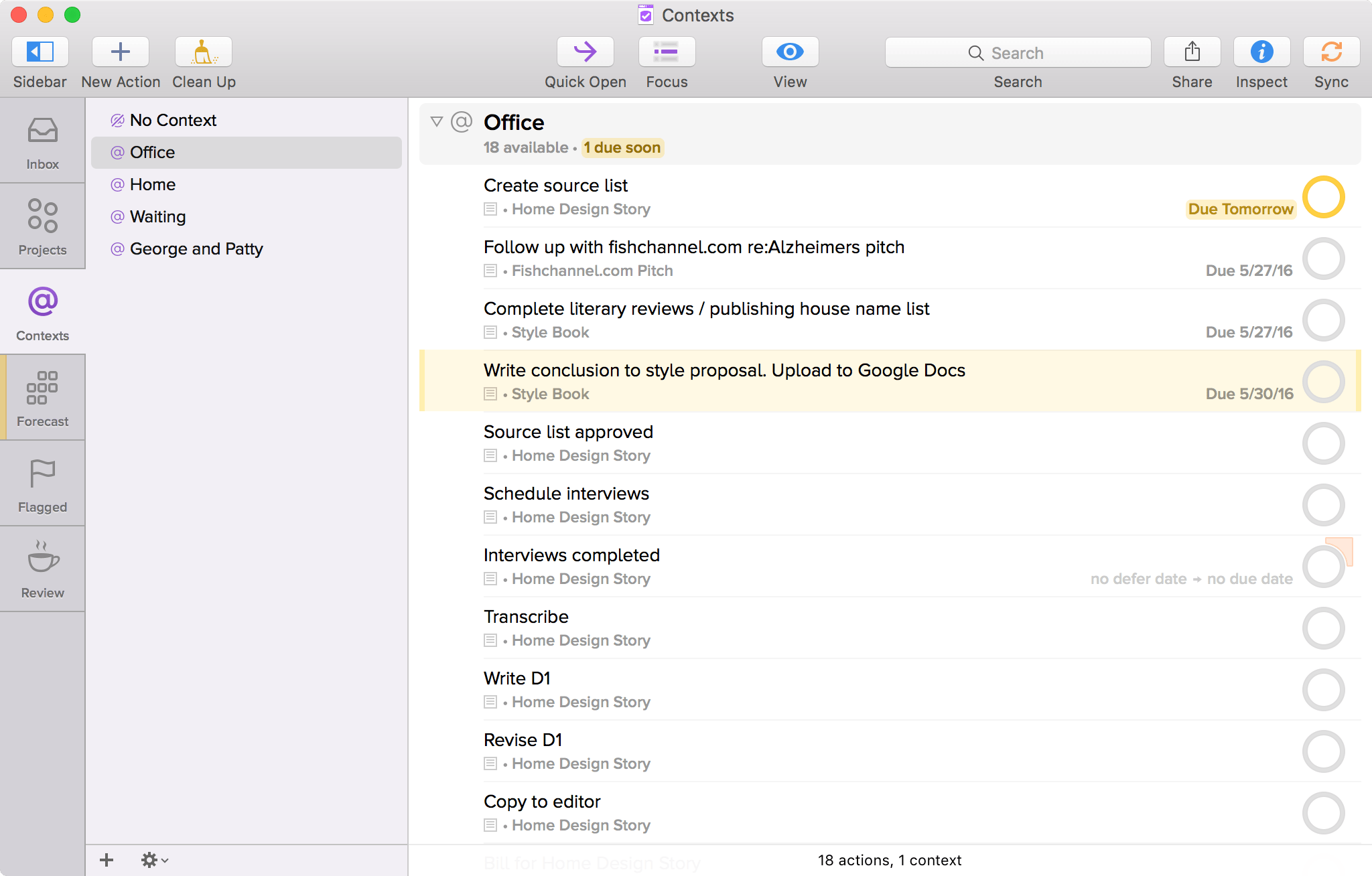 skærmbillede af OmniFocus til Mac, der viser kontekster, med Office-konteksten valgt