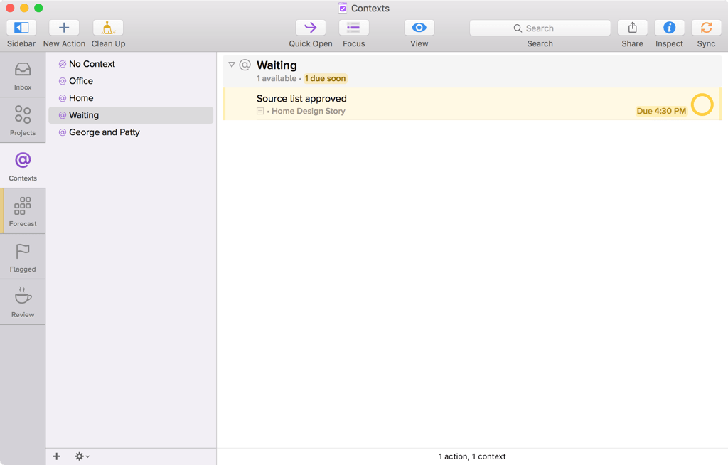 Screenshot of OmniFocus for Mac showing Contexts, with the Waiting context selected