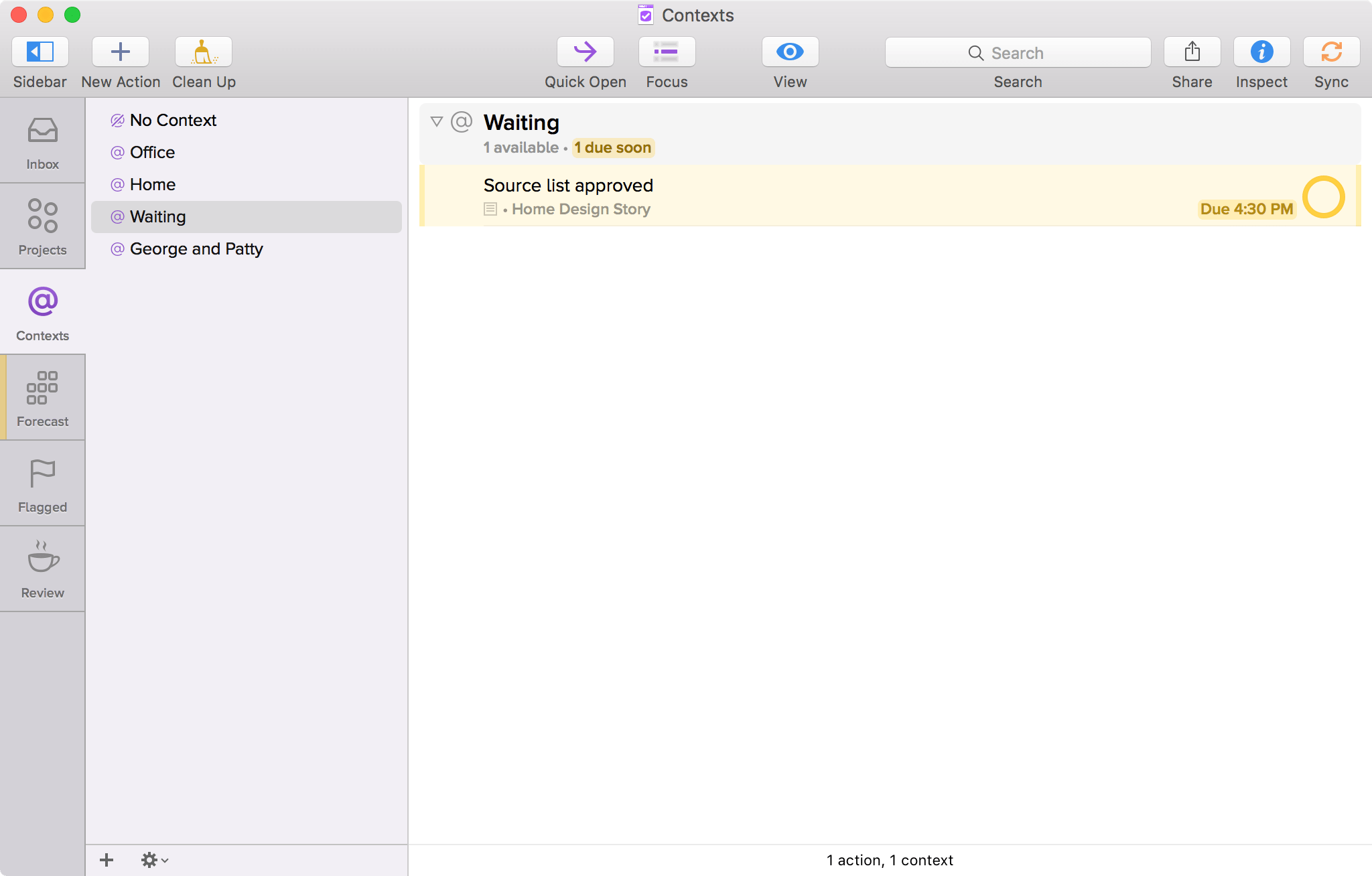 Screenshot OmniFocus pro Mac zobrazující kontexty s vybraným čekajícím kontextem