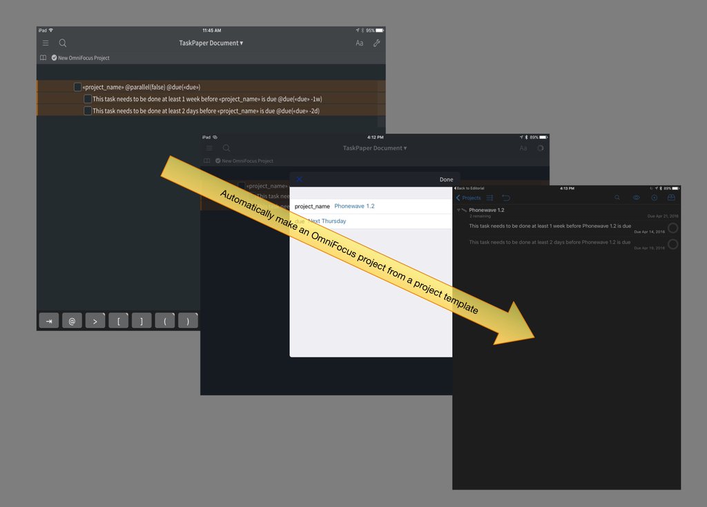 Screenshot showing an OmniFocus workflow created from a TaskPaper template 