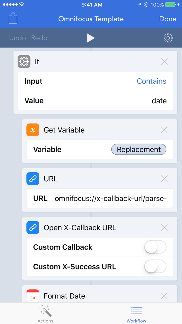 Screenshot showing a workflow with an x-callback-url that goes to OmniFocus