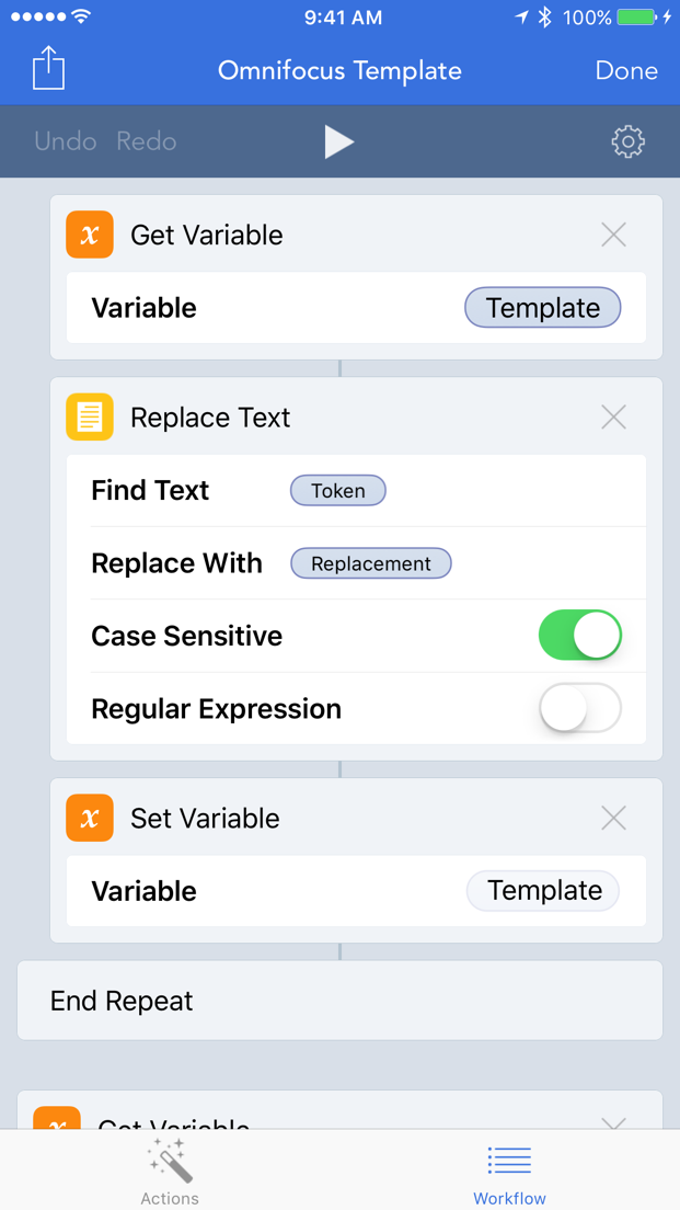 Screenshot showing a workflow that replaces text