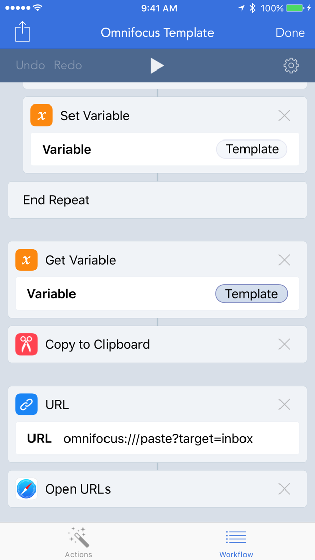 Screenshot showing a workflow that pastes text in OmniFocus