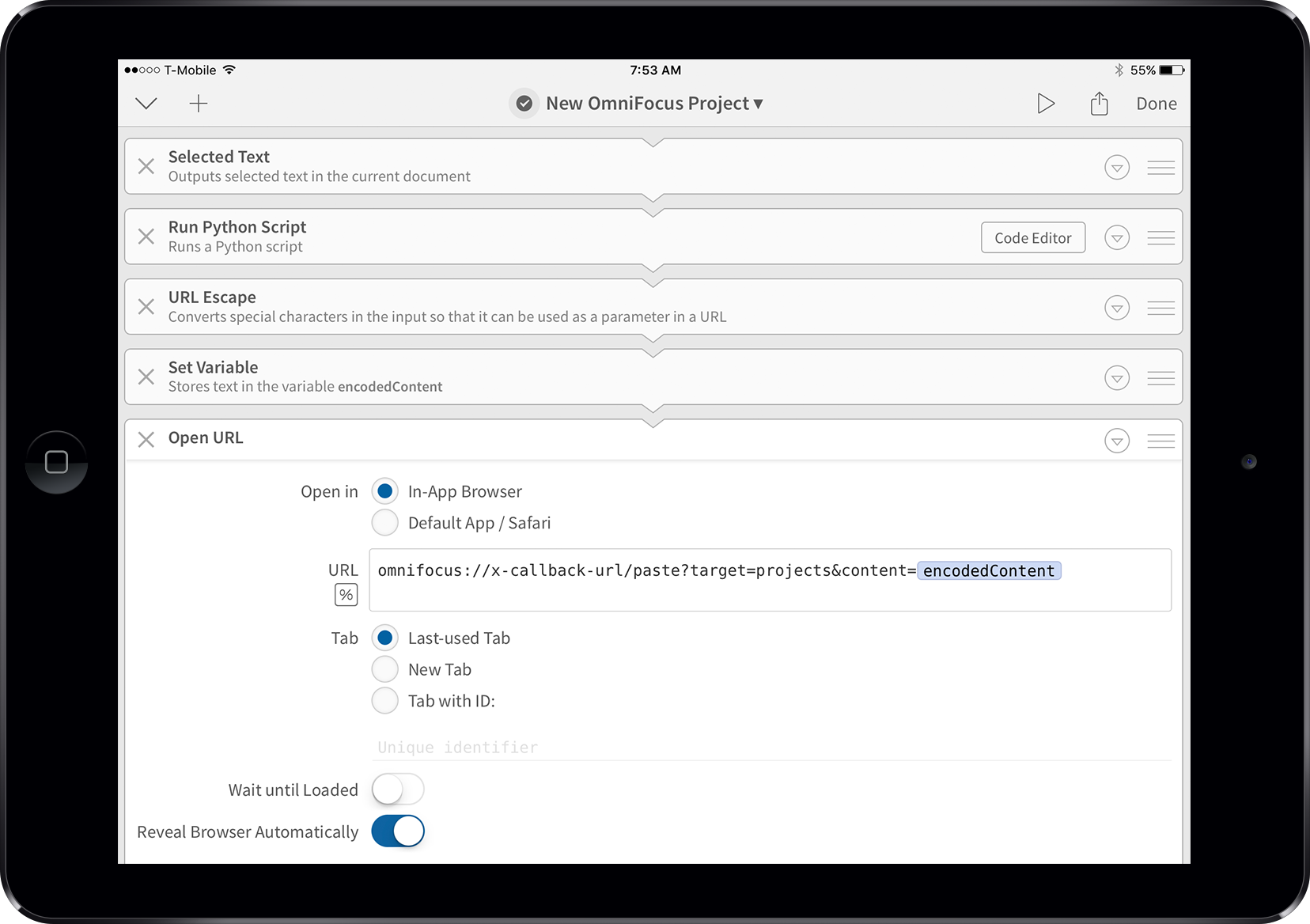 Screenshot showing a workflow in Editorial for iPad that processes text and sends it to OmniFocus 