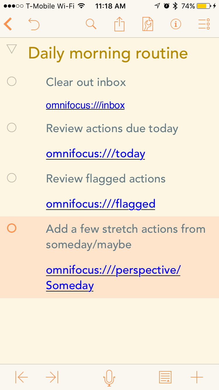 Screenshot showing OmniOutliner with links to opening OmniFocus perspectives