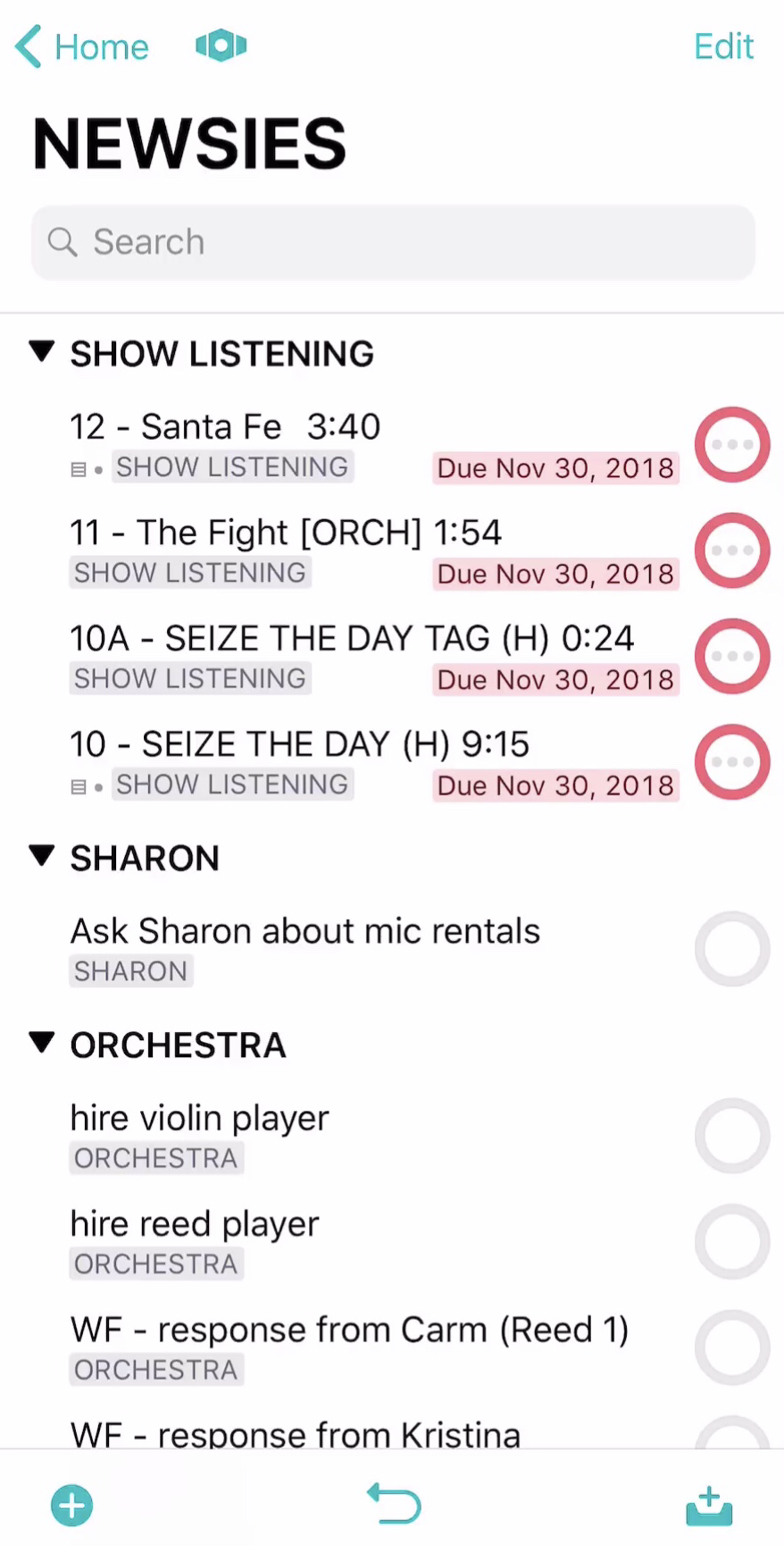 Screenshot of the Newsies perspective showing Listening, Sharon, and Orchestra tags.